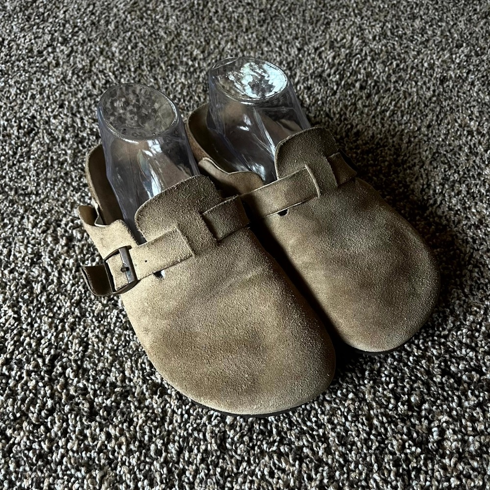 Birkenstock Boston Clogs Taupe Suede Buckle Strap Women 39 8-8.5 US